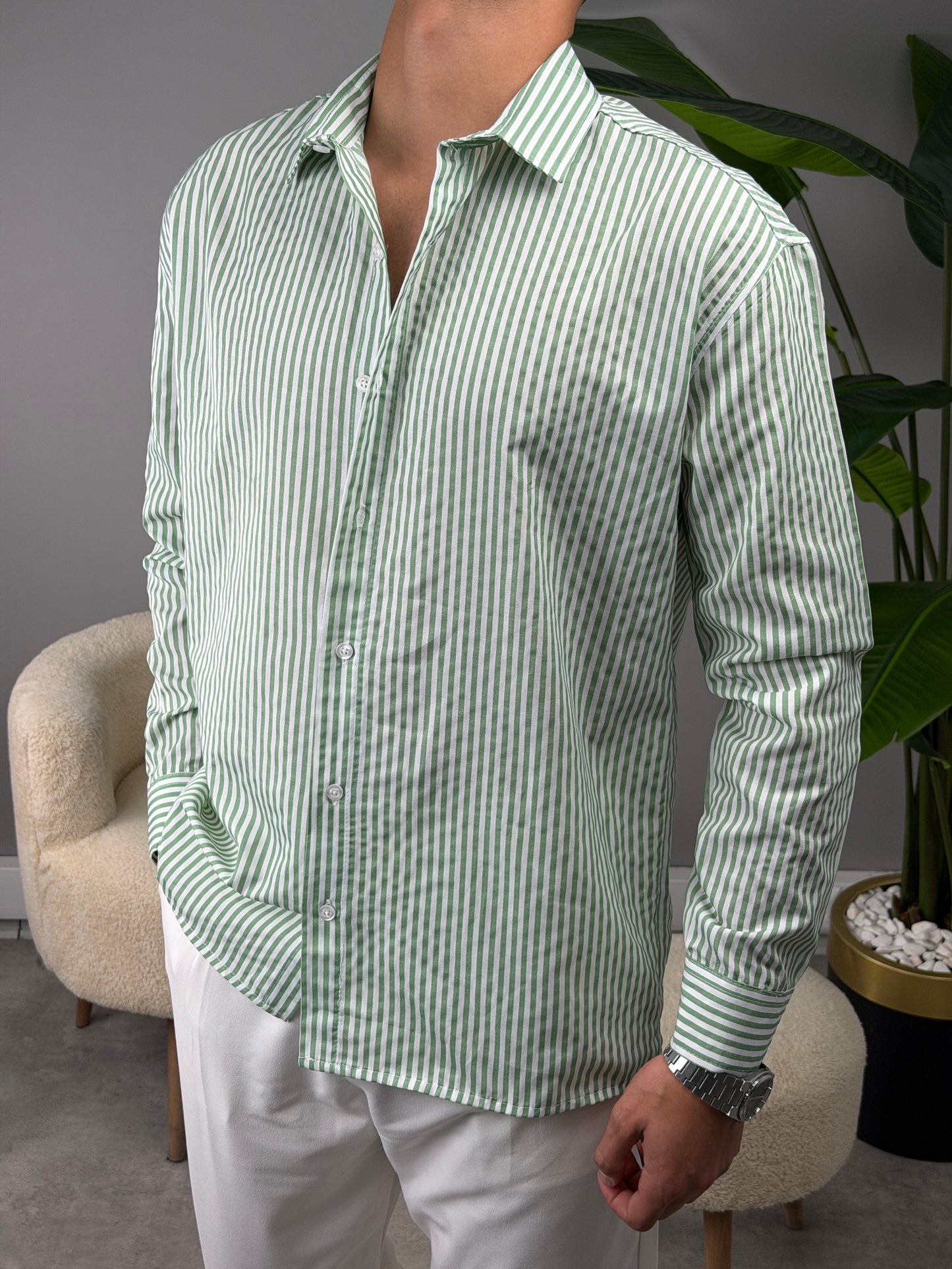 ÇİZGİLİ KETEN GÖMLEK YEŞİL