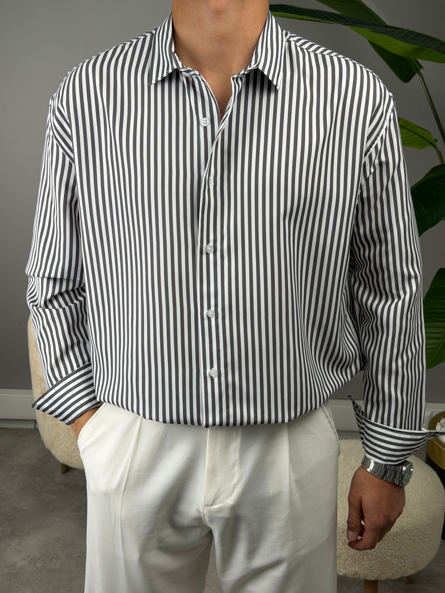 ÇİZGİLİ KETEN GÖMLEK ANTRASİT