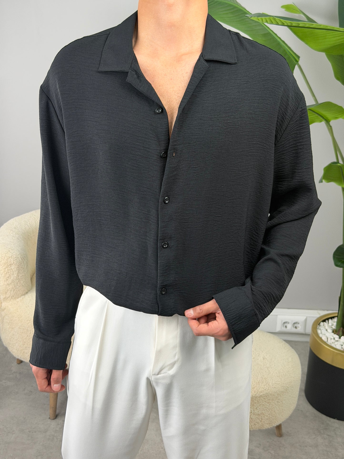 AEROBİN KUMAŞ UZUNKOL PREMİUM GÖMLEK SİYAH