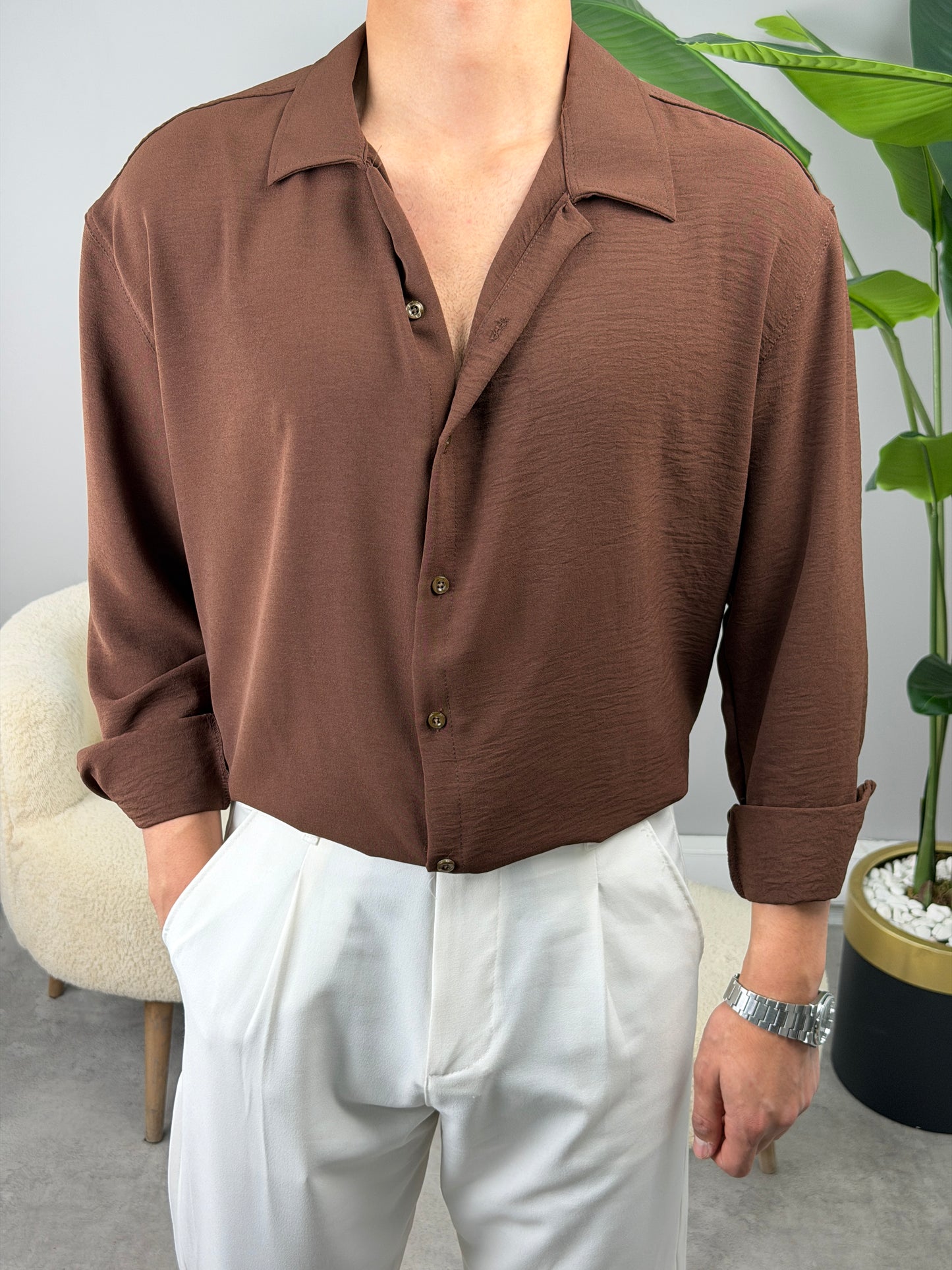 AEROBİN KUMAŞ UZUNKOL PREMİUM GÖMLEK KAHVE