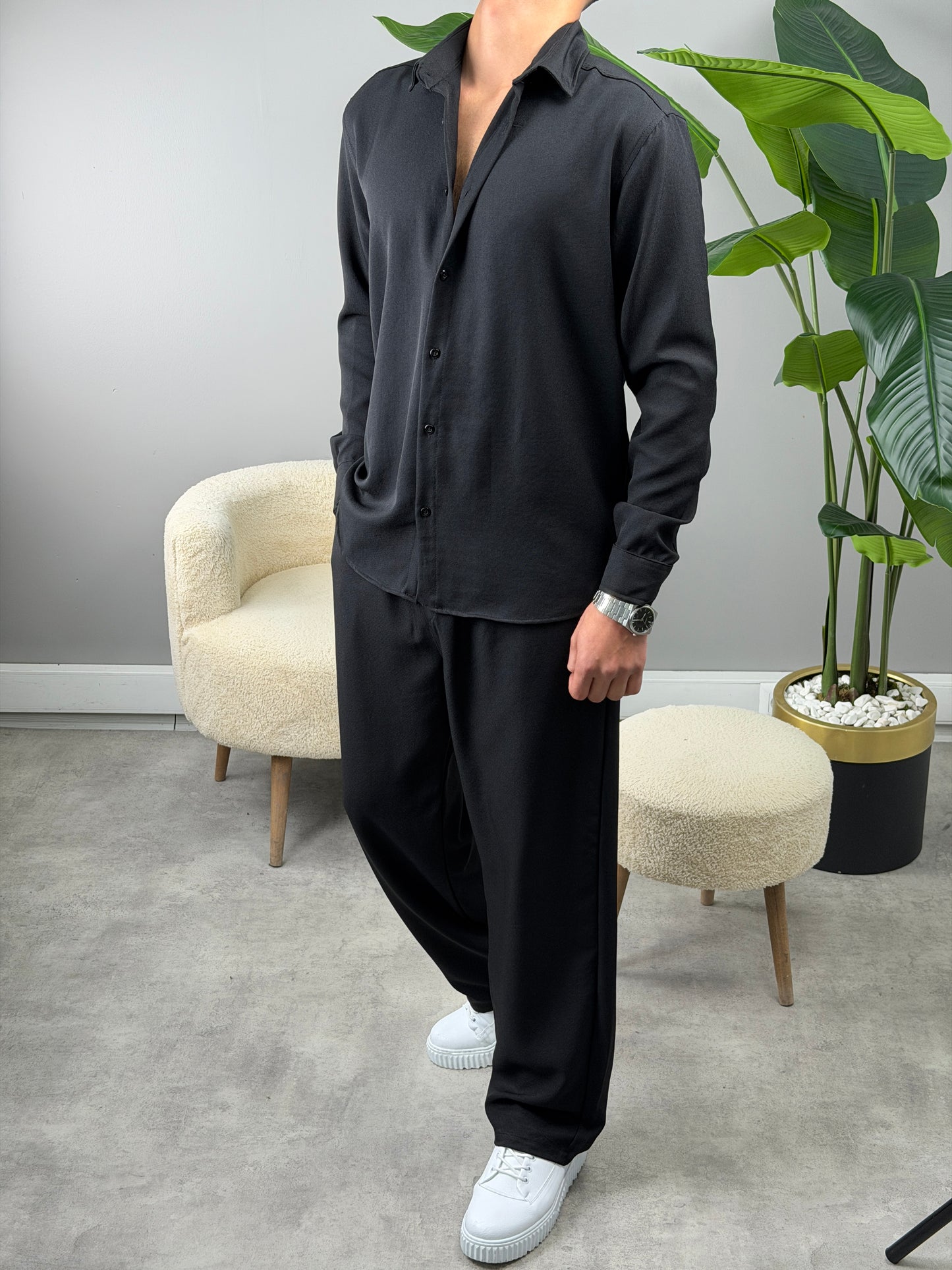 PAMUKLU KETEN TAKIM SİYAH