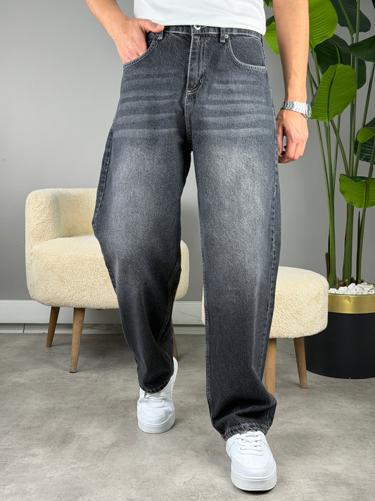 BIYIKLI KOYU ANTRASİT Süper Baggy Kot Pantolon