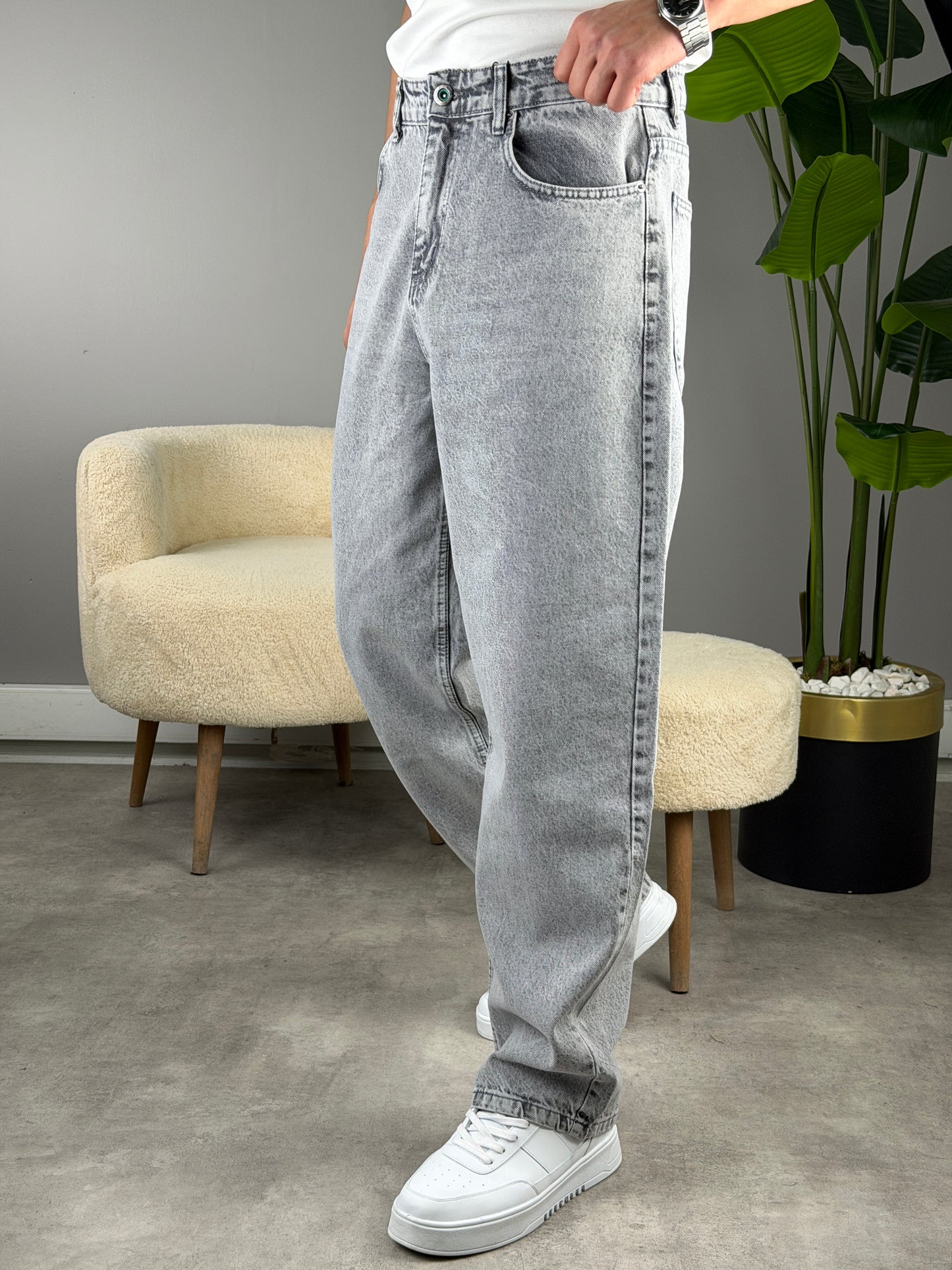 BIYIKLI AÇIK ANTRASİT Süper Baggy Kot Pantolon