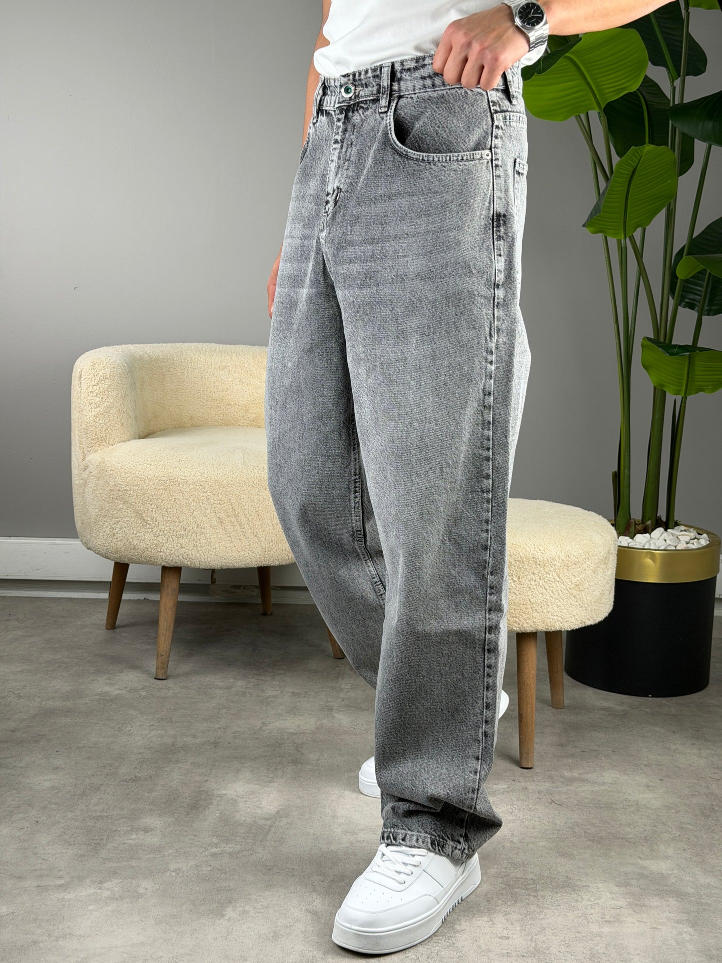 BIYIKLI GRİ  Süper Baggy Kot Pantolon