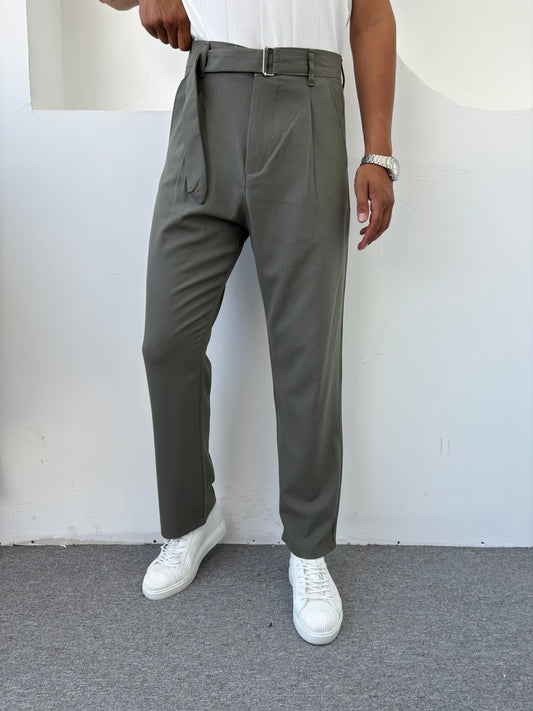 KENDİNDEN KEMERLİ BAGGY KALIP KUMAŞ PANTOLON YEŞİL