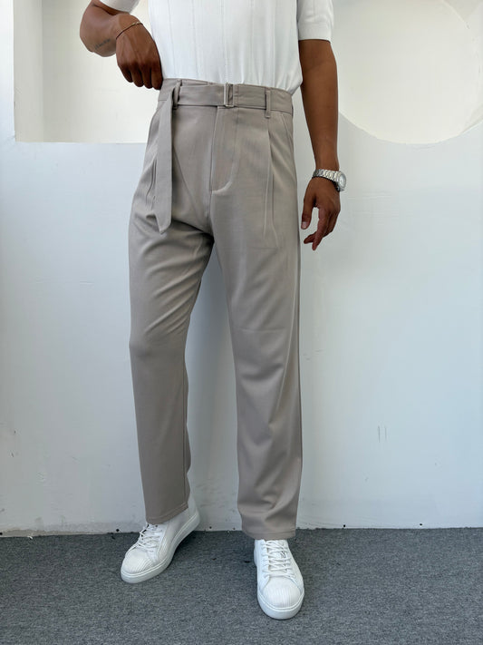 KENDİNDEN KEMERLİ BAGGY KALIP KUMAŞ PANTOLON BEJ