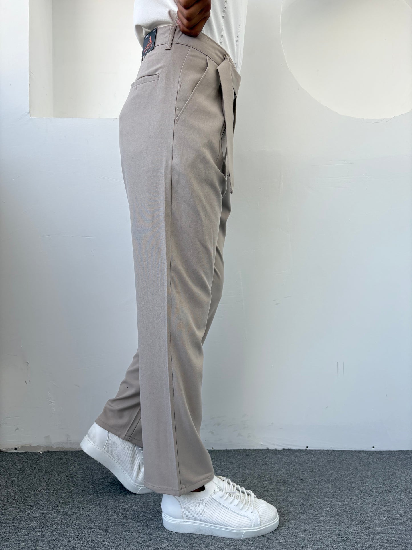 KENDİNDEN KEMERLİ BAGGY KALIP KUMAŞ PANTOLON BEJ