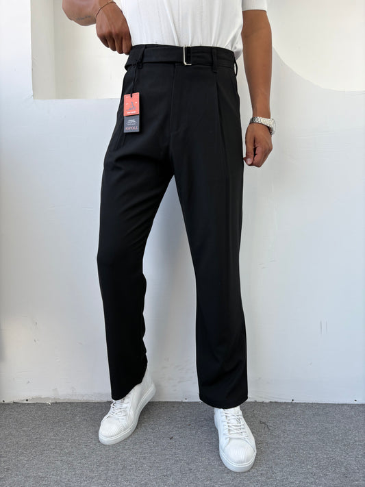KENDİNDEN KEMERLİ BAGGY KALIP KUMAŞ PANTOLON SİYAH
