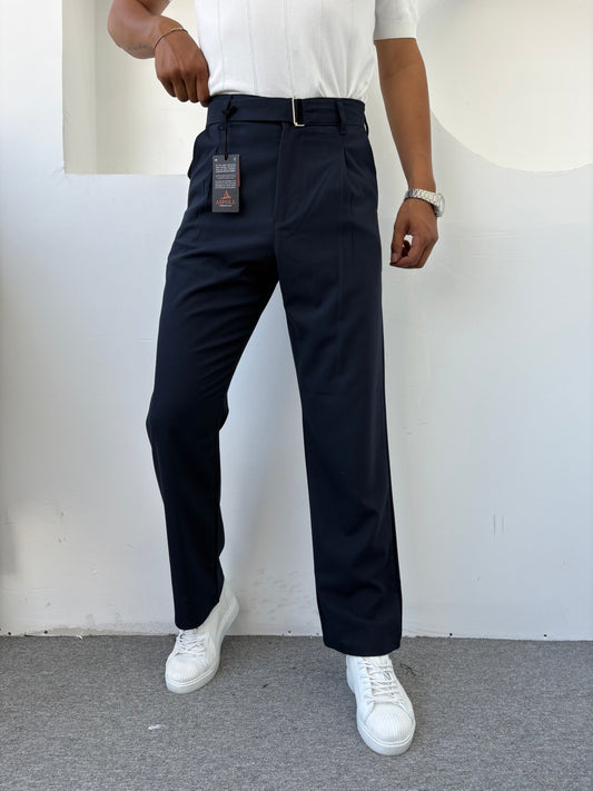 KENDİNDEN KEMERLİ BAGGY KALIP KUMAŞ PANTOLON LACİVERT
