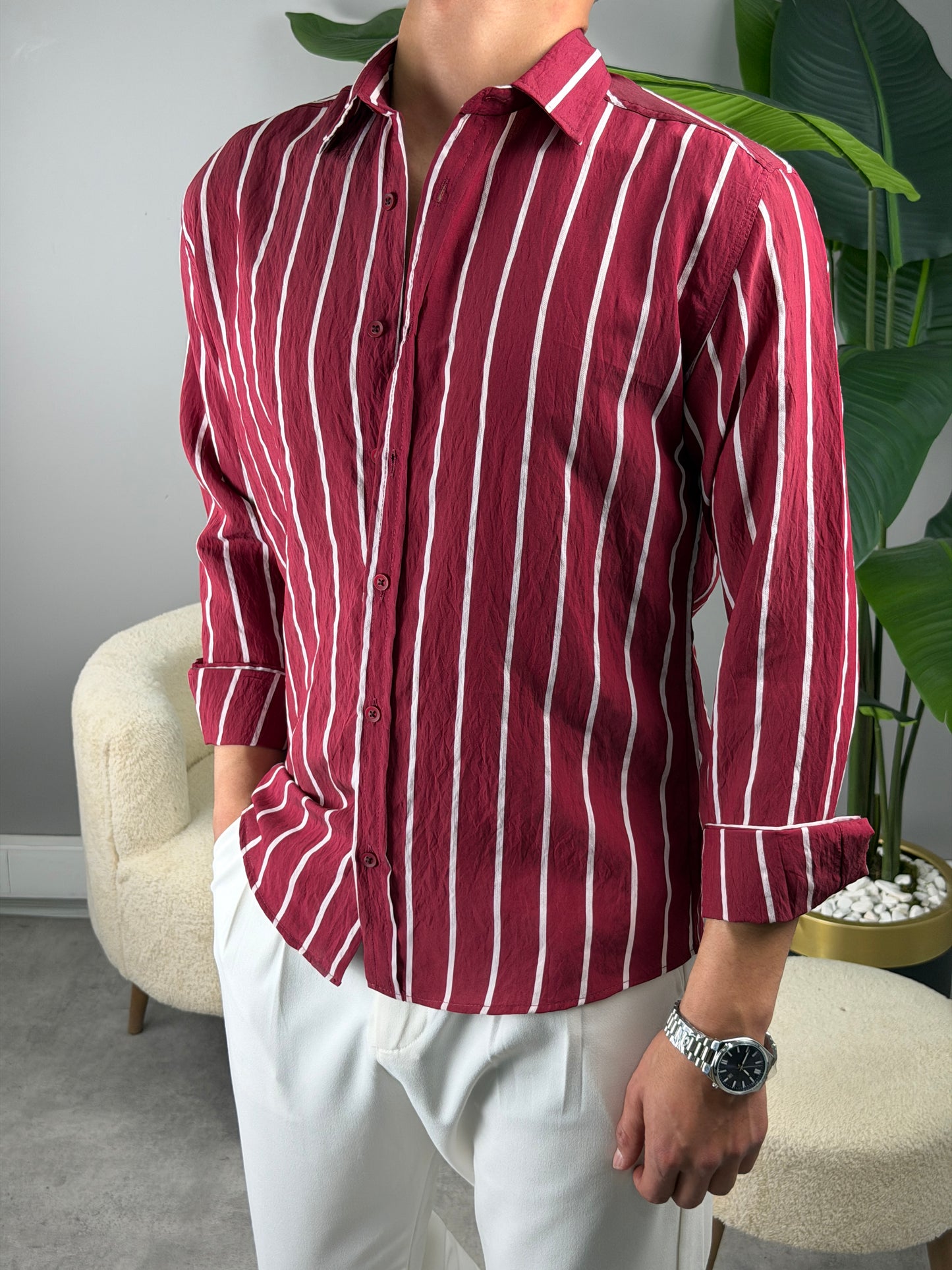 ÇİZGİLİ MODAL GÖMLEK BORDO