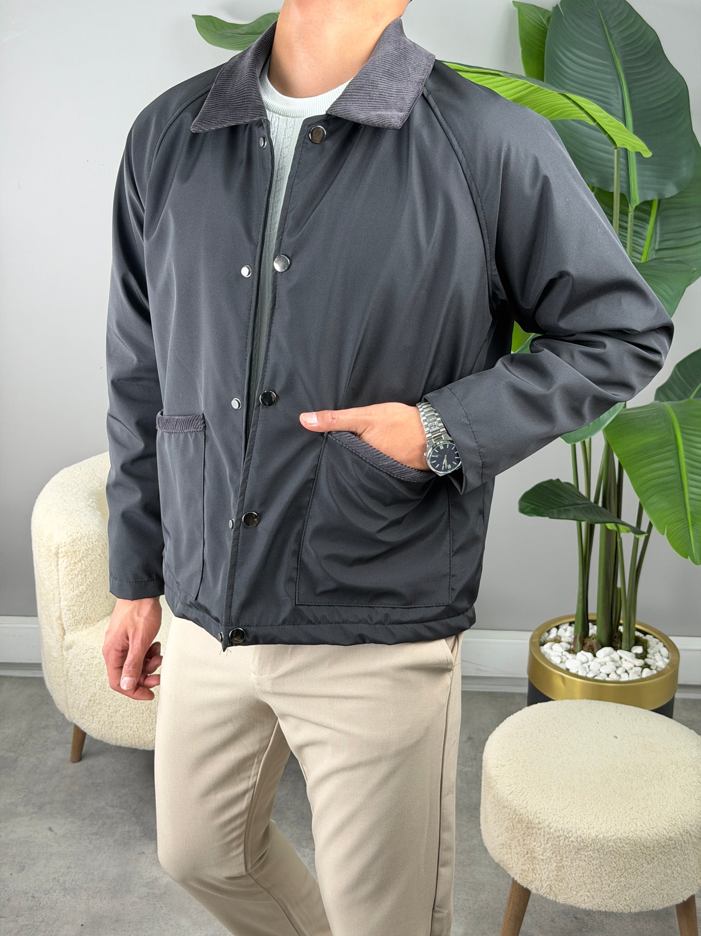 KADİFE YAKA MEVSİMLİK CEKET SİYAH