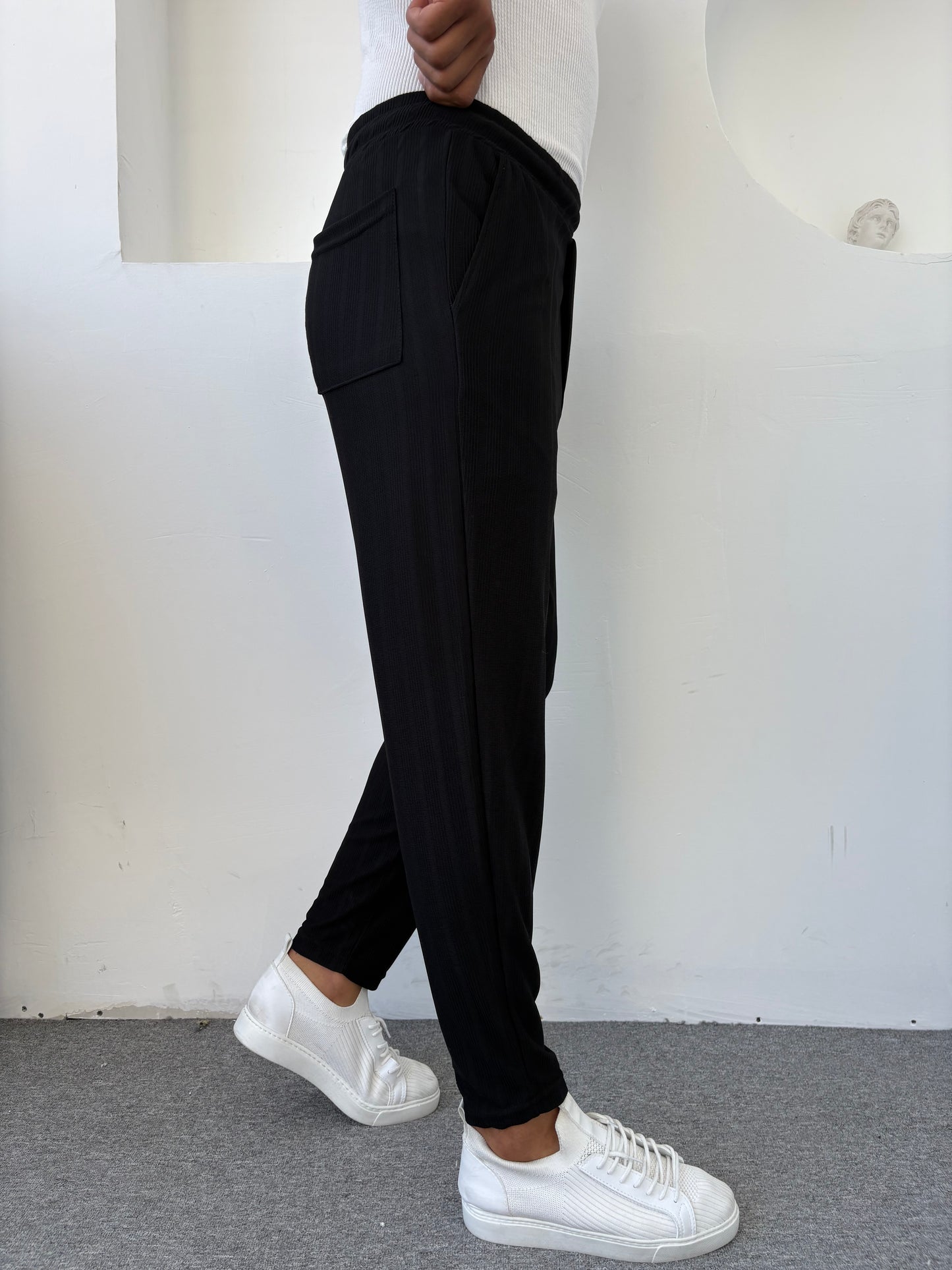 RAPOR ÇİZGİLİ BOYFEND KALIP PANTOLON SİYAH
