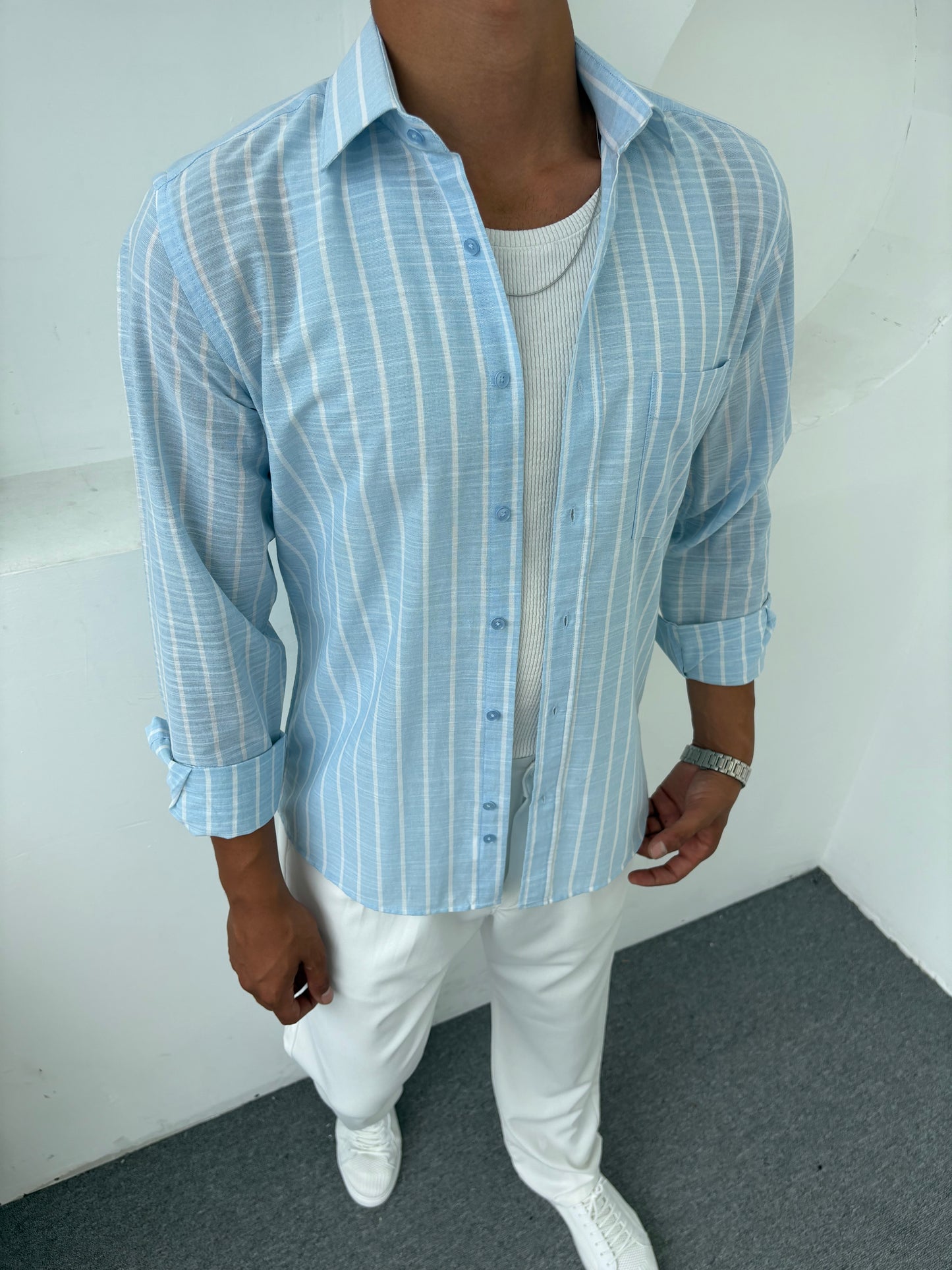 ÇİZGİLİ CEPLİ GÖMLEK MAVİ