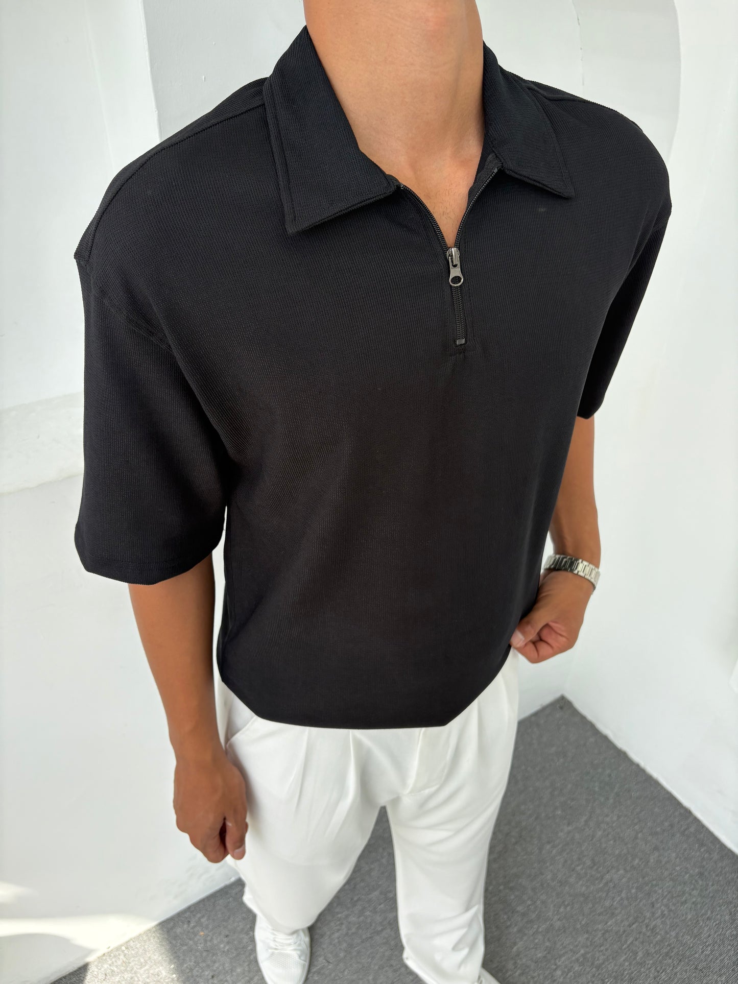 KREP YARIM FERMAUR POLO YAKA TSHİRT SİYAH
