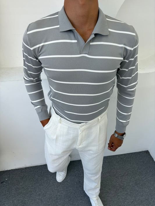ÇİZGİLİ POLO YAKA SWEATSHİRT GRİ