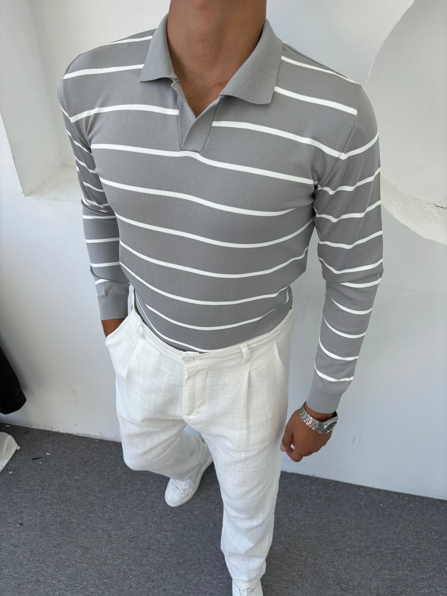 ÇİZGİLİ POLO YAKA SWEATSHİRT GRİ