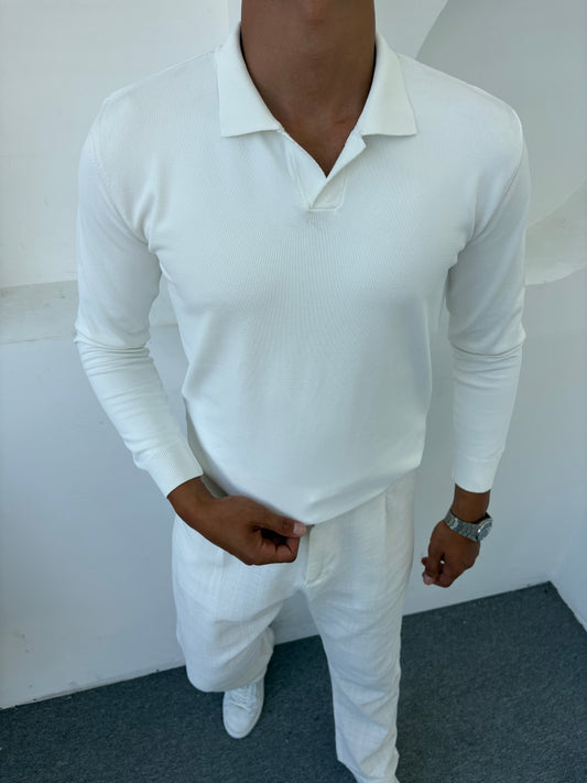 %100 PAMUK ÖRME POLO YAKA BASİC SWEATSHİRT BEYAZ