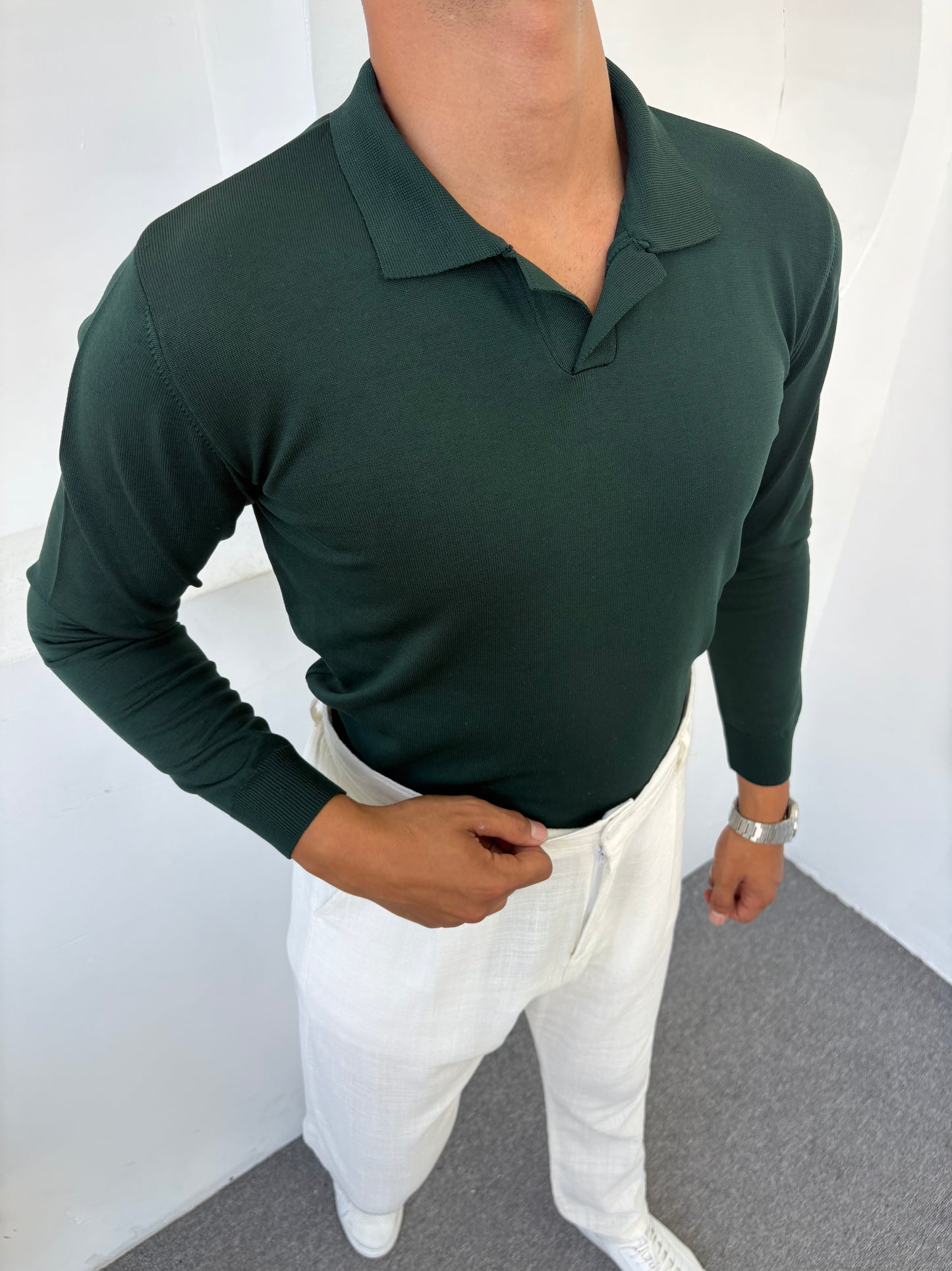 %100 PAMUK ÖRME POLO YAKA BASİC SWEATSHİRT YEŞİL