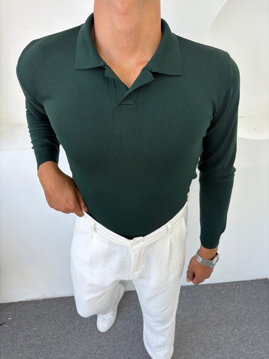 %100 PAMUK ÖRME POLO YAKA BASİC SWEATSHİRT YEŞİL