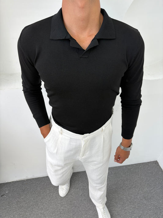 %100 PAMUK ÖRME POLO YAKA BASİC SWEATSHİRT SİYAH