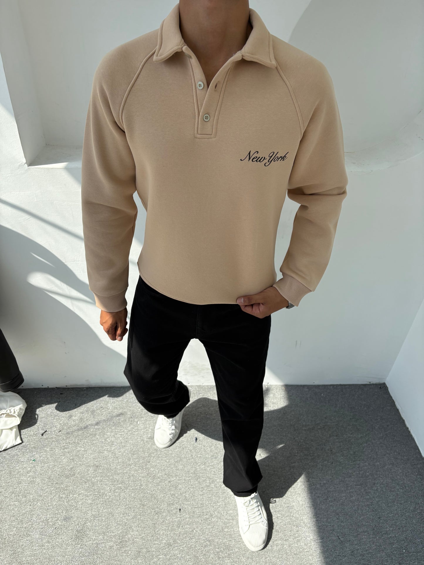 3 İPLİK ŞARDONLU SWEATSHİRT (NEW YORK) BASKILI BEJ
