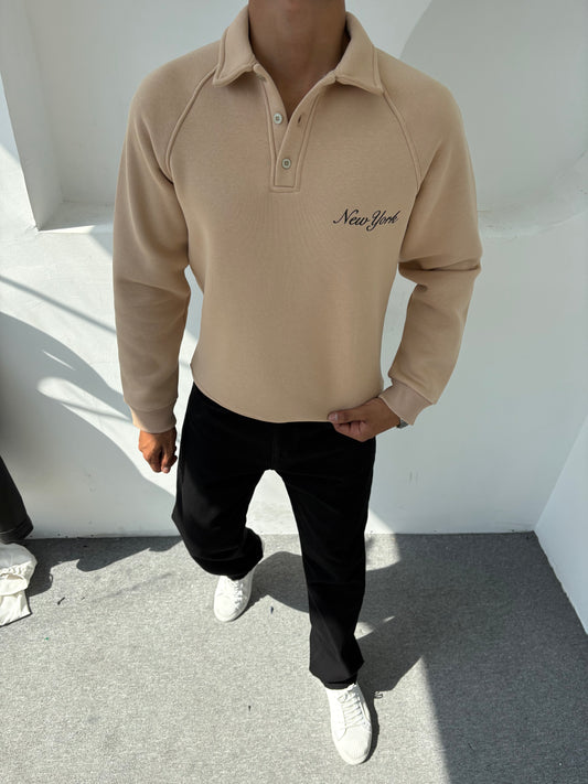3 İPLİK ŞARDONLU SWEATSHİRT (NEW YORK) BASKILI BEJ