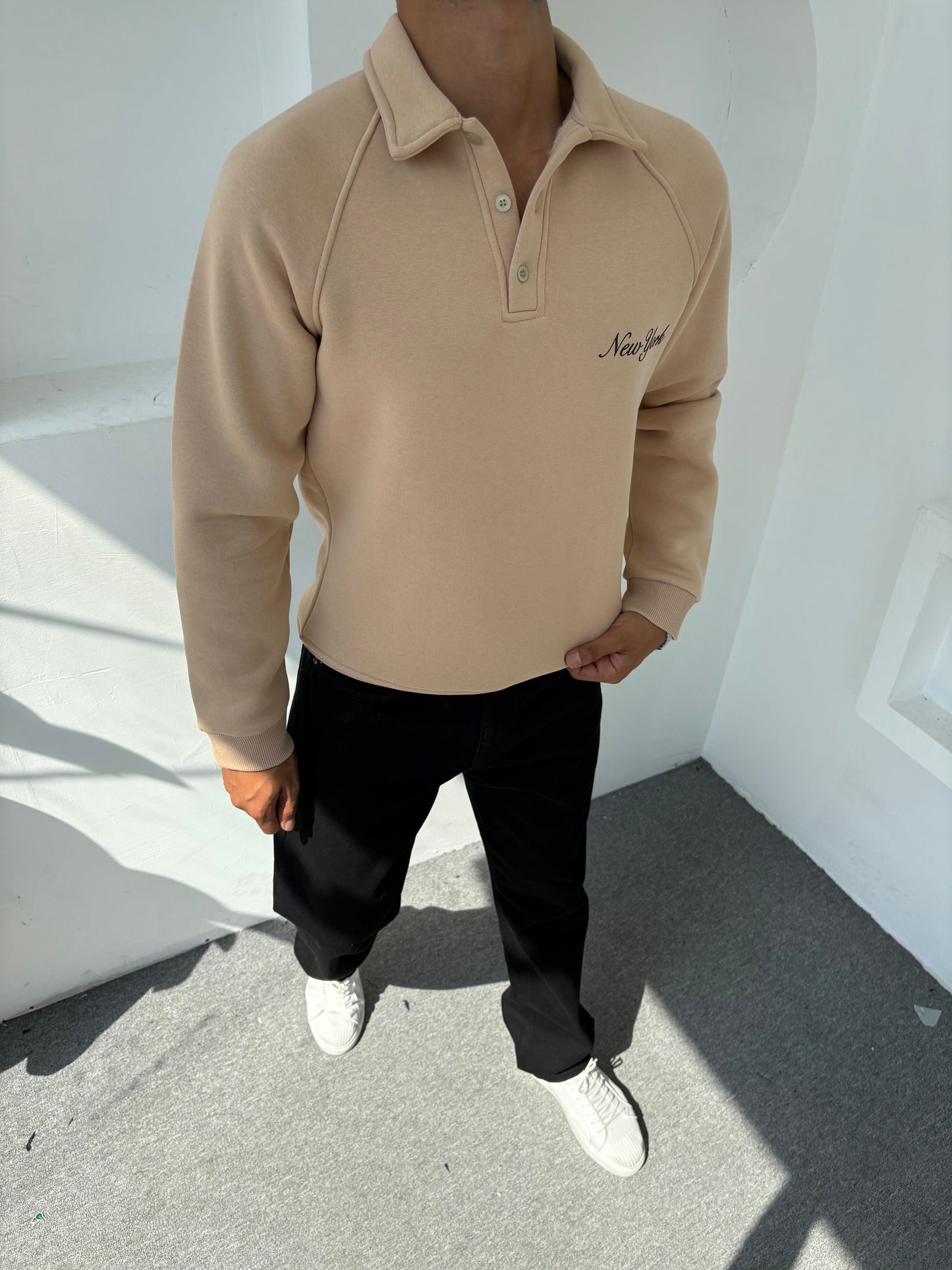 3 İPLİK ŞARDONLU SWEATSHİRT (NEW YORK) BASKILI BEJ