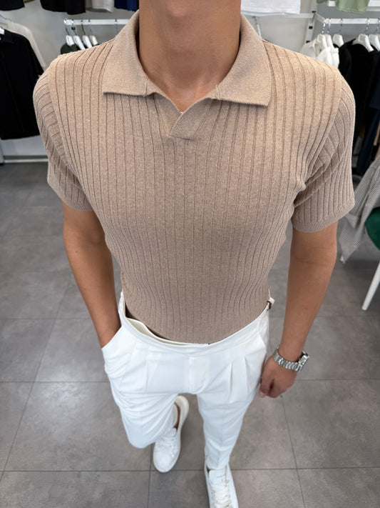 ŞERİT DETAYLI POLO YAKA BEJ