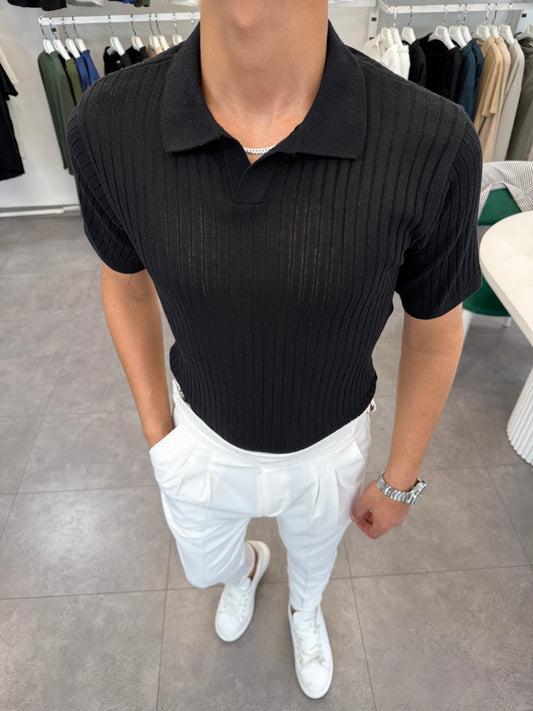 ŞERİT DETAYLI POLO YAKA SİYAH