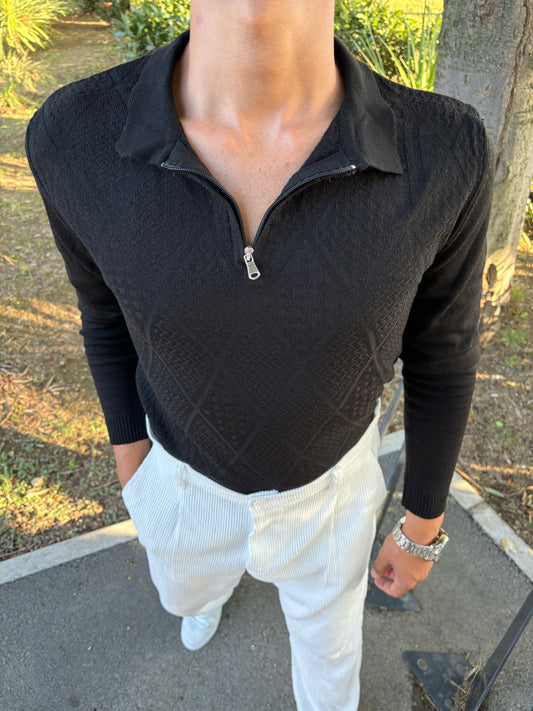YARIM FERMAUR POLO YAKA SWEATSHİRT SİYAH