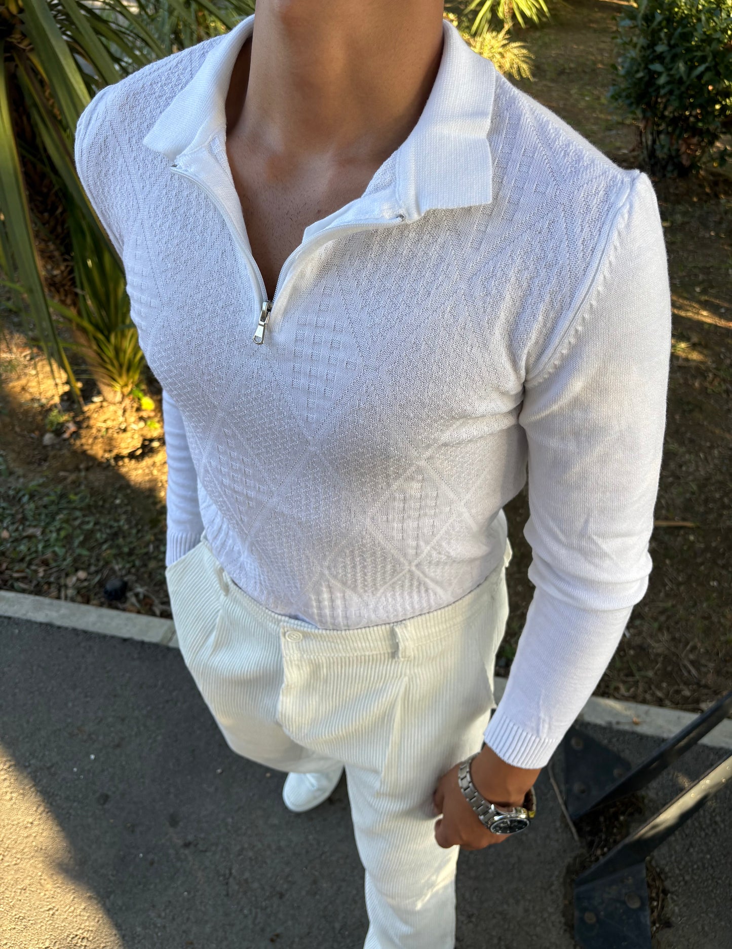 YARIM FERMAUR POLO YAKA SWEATSHİRT BEYAZ
