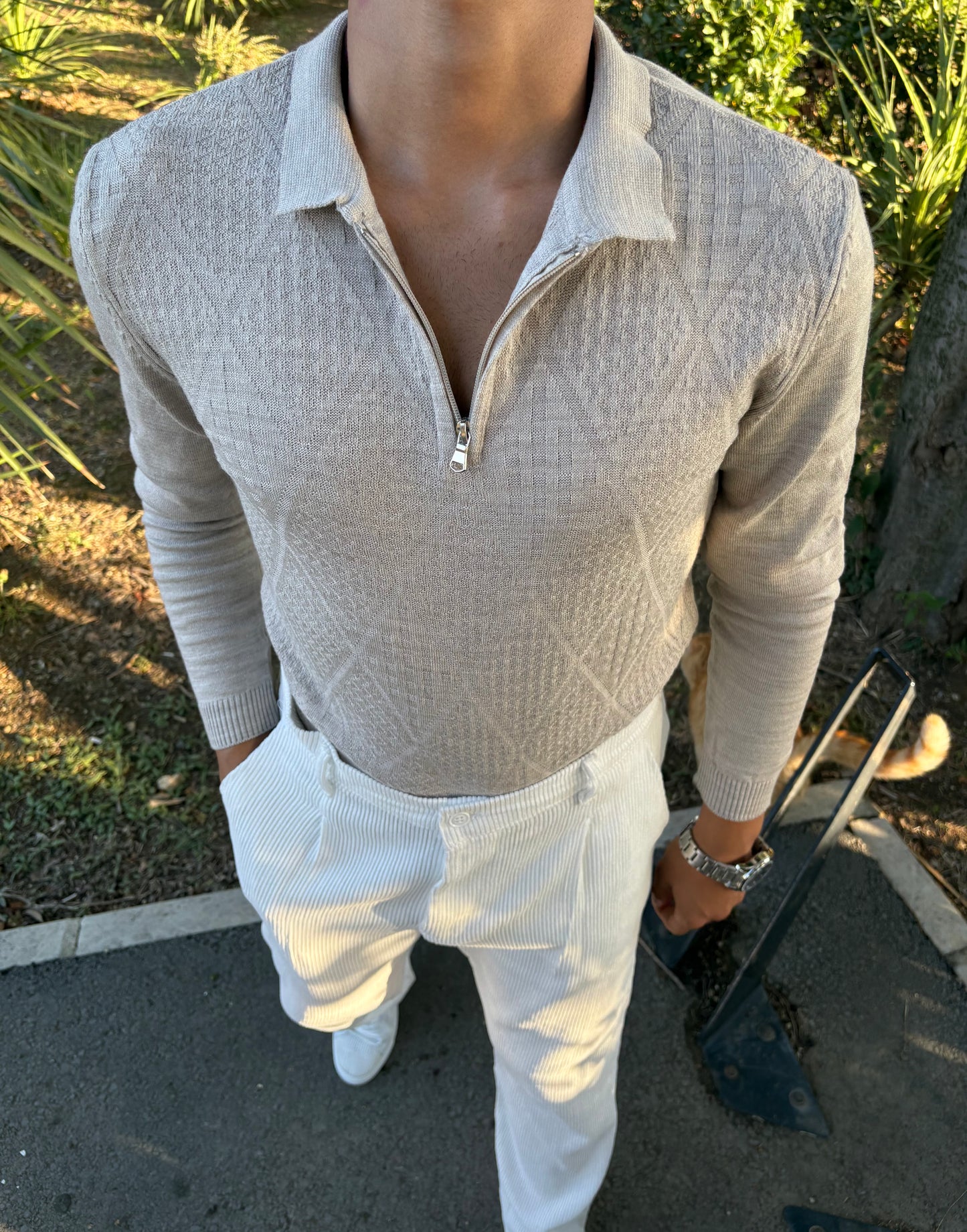 YARIM FERMAUR POLO YAKA SWEATSHİRT BEJ
