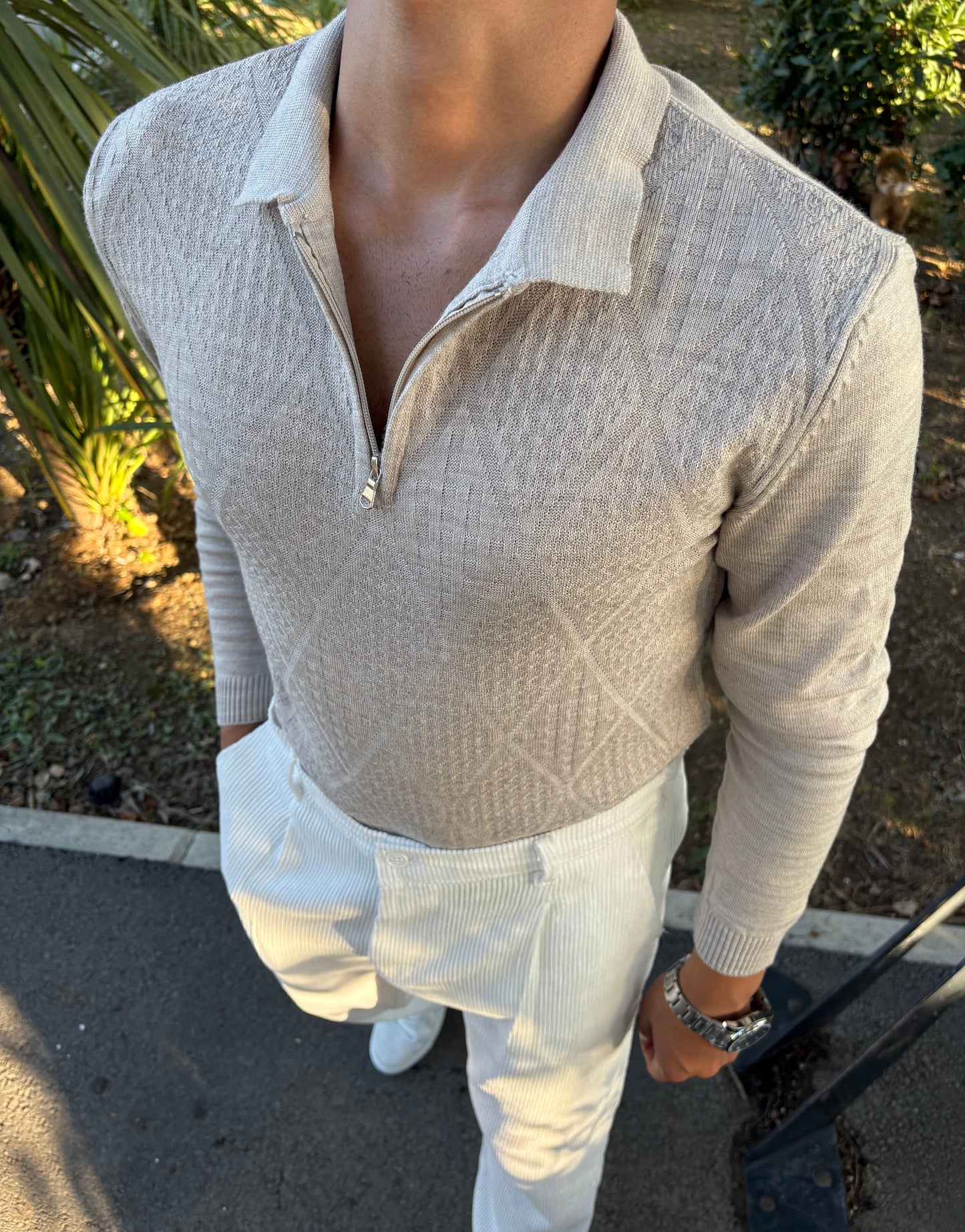 YARIM FERMAUR POLO YAKA SWEATSHİRT BEJ