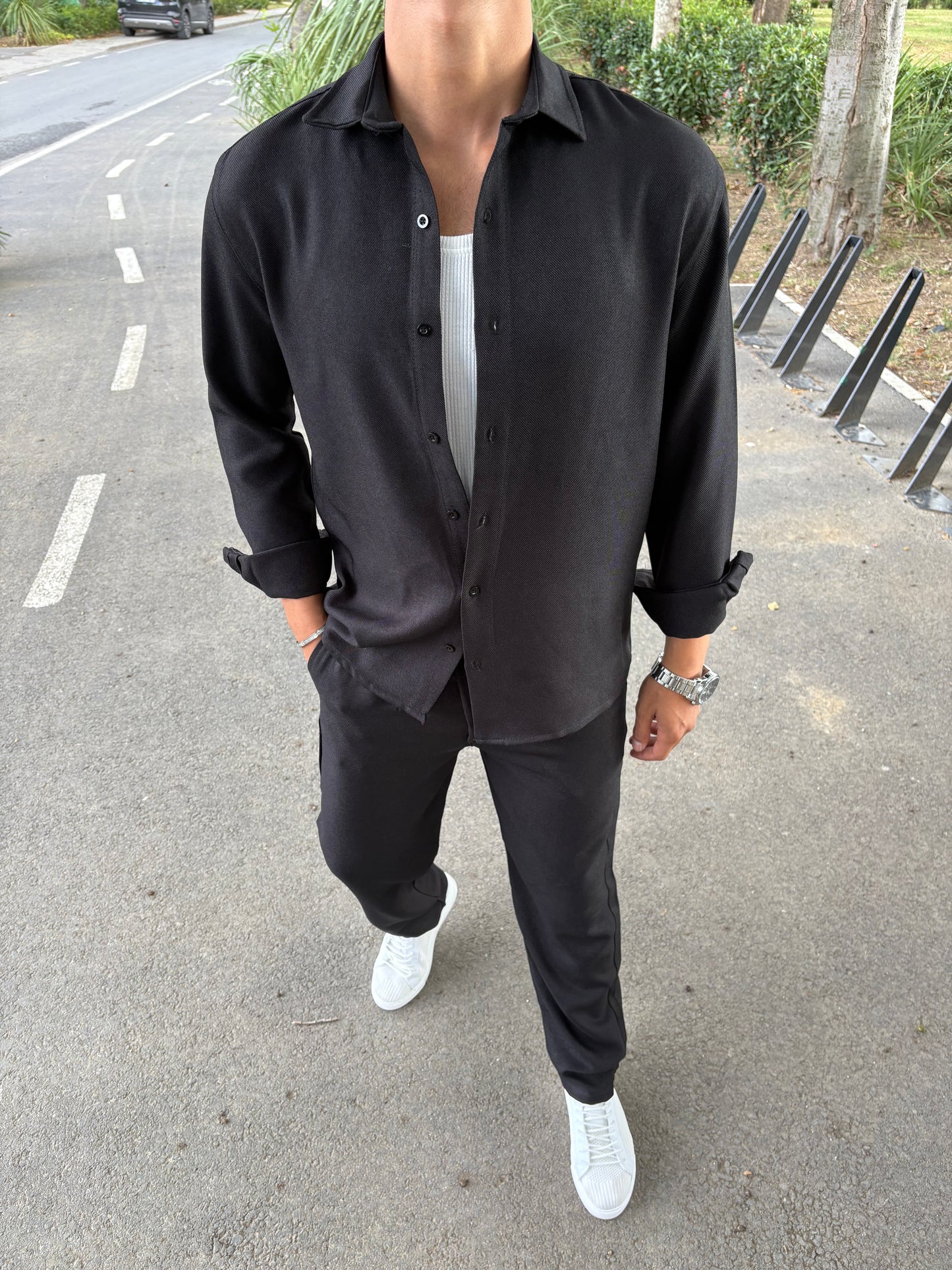 PAMUK ÖRME GÖMLEKLİ TAKIM SİYAH