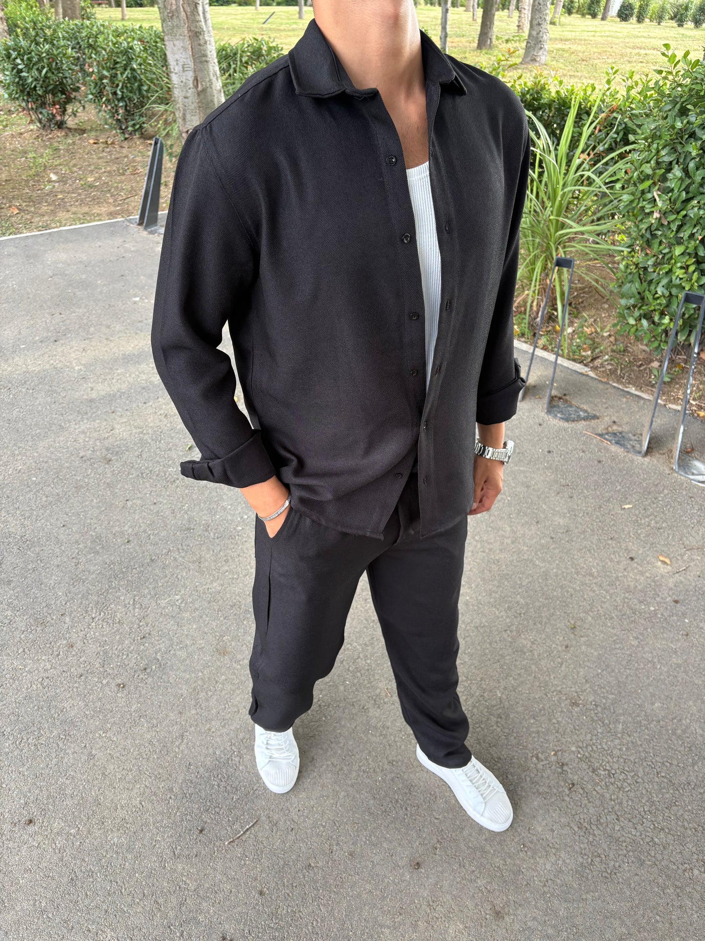 PAMUK ÖRME GÖMLEKLİ TAKIM SİYAH