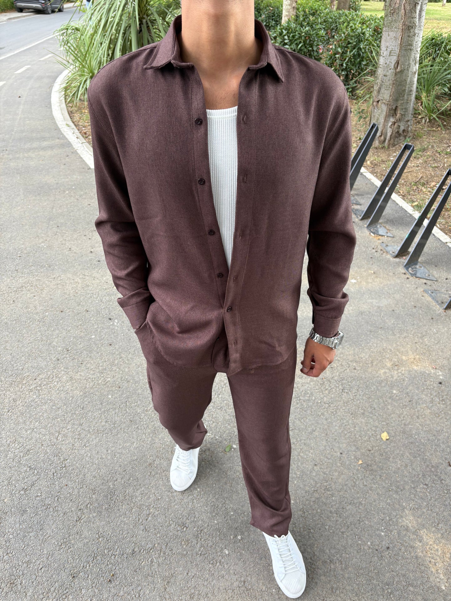 PAMUK ÖRME GÖMLEKLİ TAKIM KAHVE