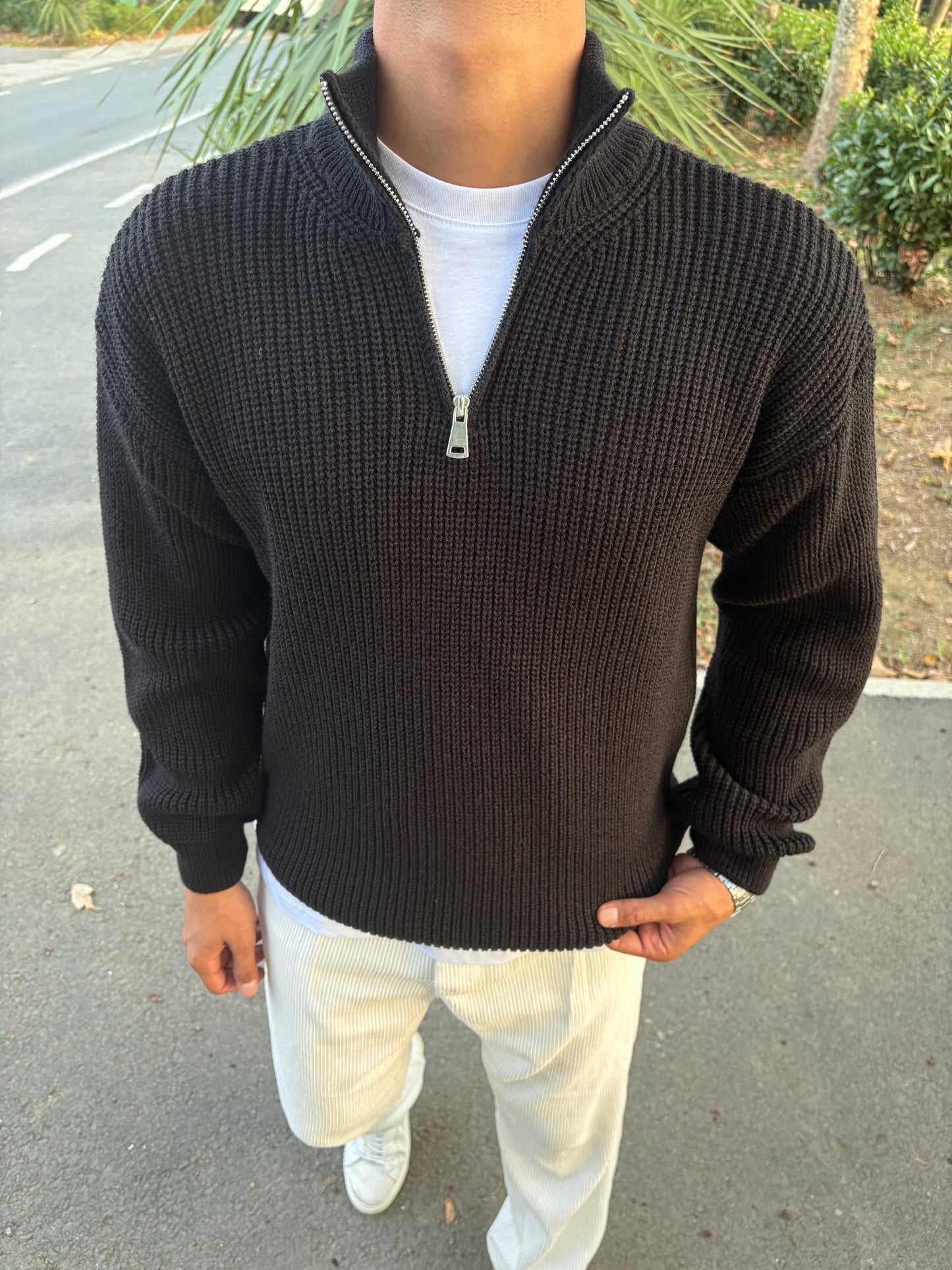 YARIM FERMAUAR TRİKO SWEATSHİRT SİYAH