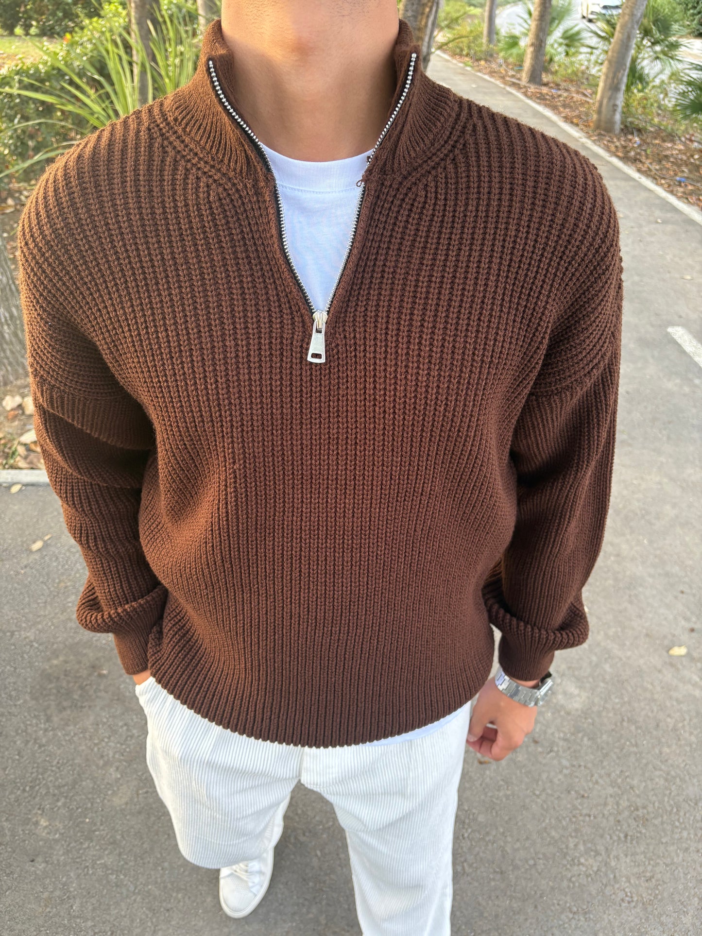 YARIM FERMAUAR TRİKO SWEATSHİRT ACI KAHVE