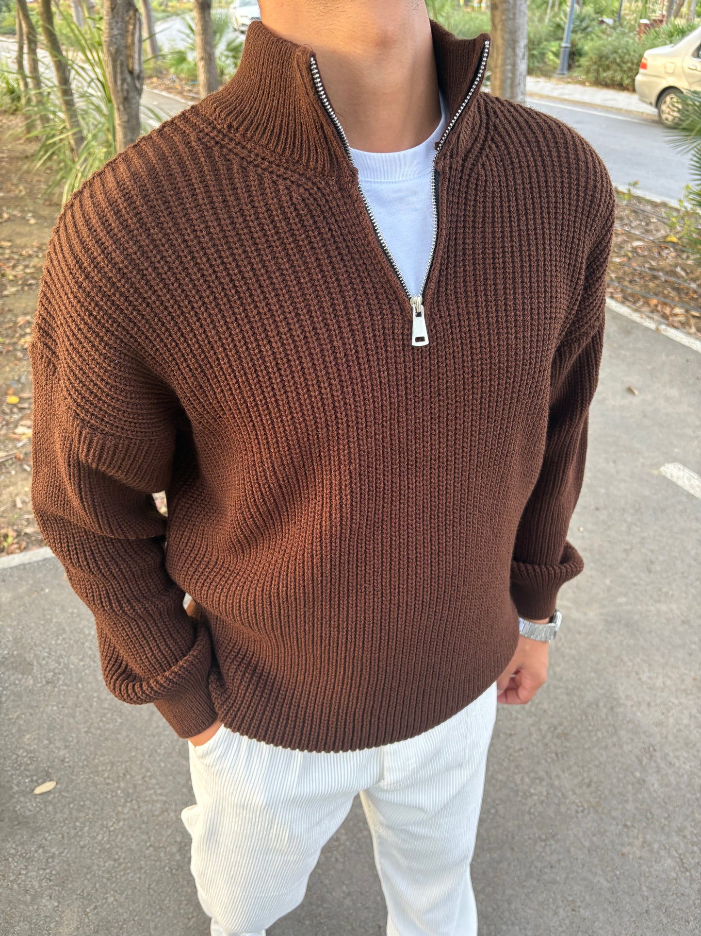 YARIM FERMAUAR TRİKO SWEATSHİRT ACI KAHVE