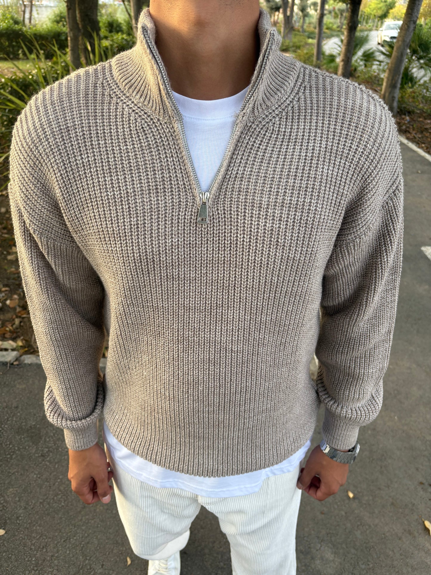 YARIM FERMAUAR TRİKO SWEATSHİRT BEJ