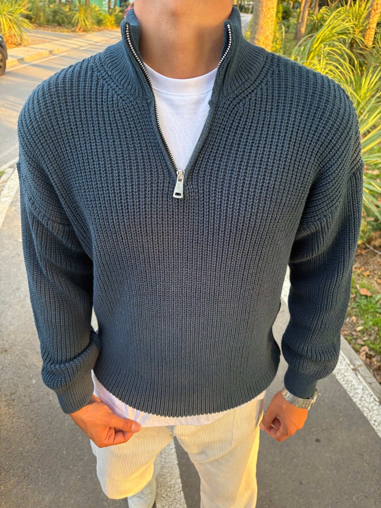 YARIM FERMAUAR TRİKO SWEATSHİRT SU YEŞİLİ