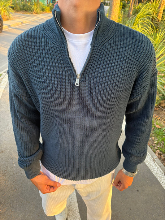 YARIM FERMAUAR TRİKO SWEATSHİRT SU YEŞİLİ