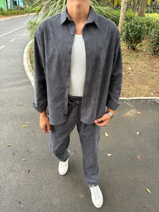 BAGGY KALIP GÖMLEKLİ KADİFE TAKIM GRİ