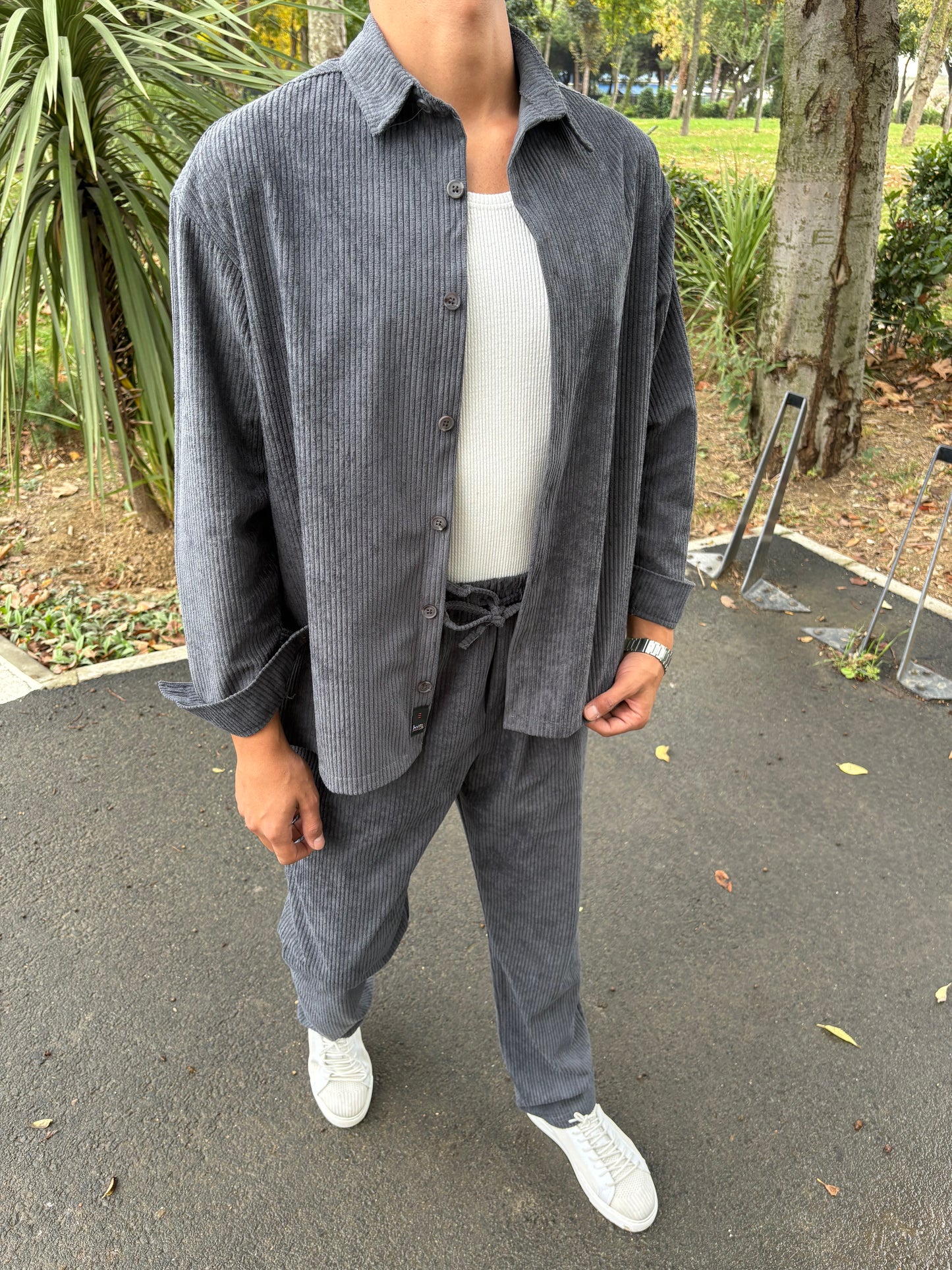 BAGGY KALIP GÖMLEKLİ KADİFE TAKIM GRİ