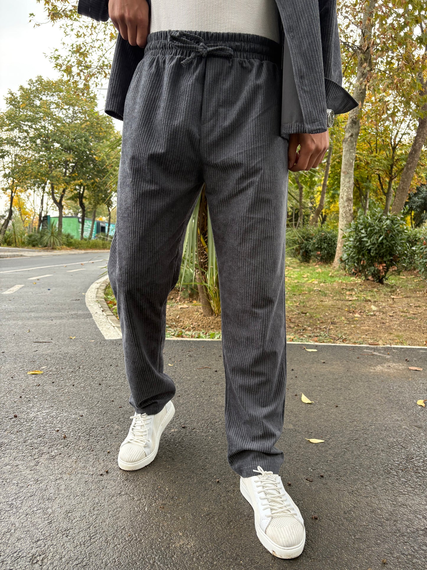 BAGGY KALIP GÖMLEKLİ KADİFE TAKIM GRİ