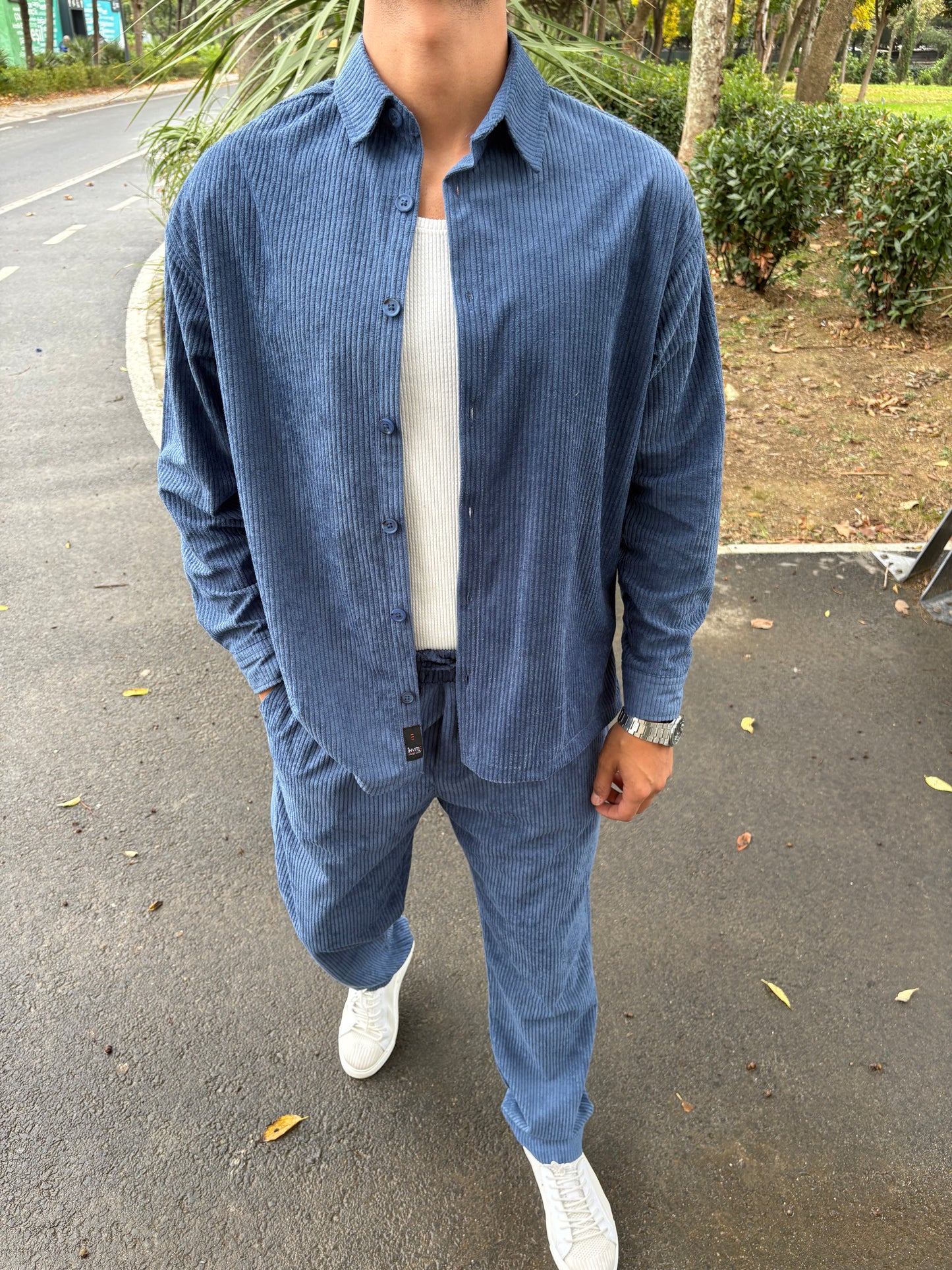 BAGGY KALIP GÖMLEKLİ KADİFE TAKIM MAVİ