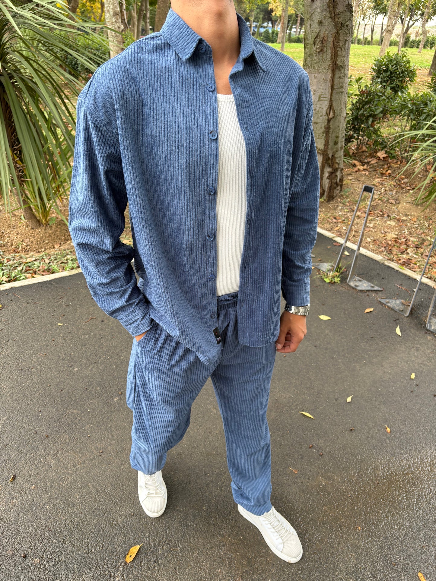 BAGGY KALIP GÖMLEKLİ KADİFE TAKIM MAVİ