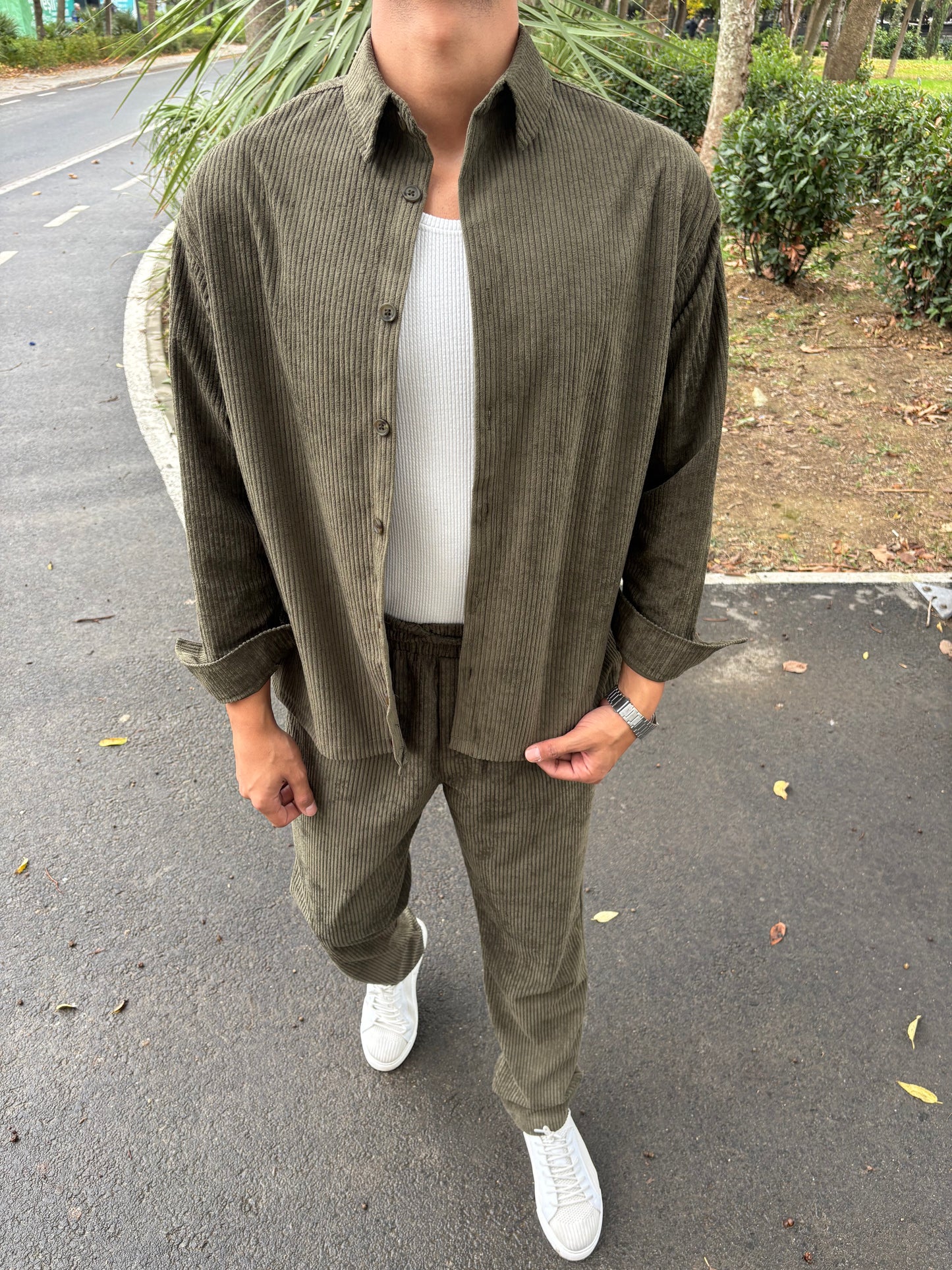 BAGGY KALIP GÖMLEKLİ KADİFE TAKIM HAKİ YEŞİLİ