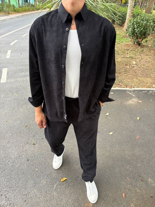 BAGGY KALIP GÖMLEKLİ KADİFE TAKIM SİYAH