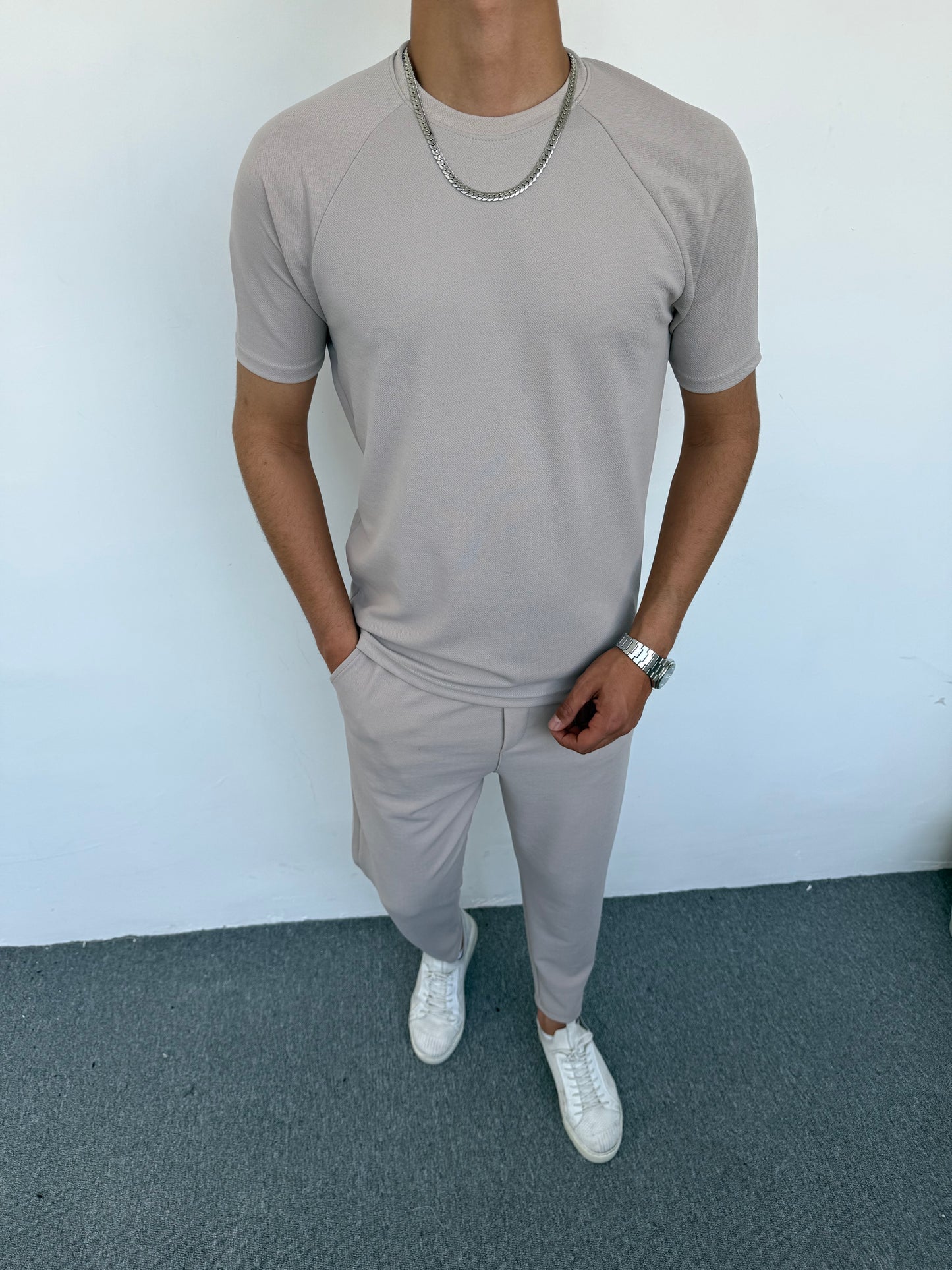 KREP KUMAŞ REGLAN KOL BOYFİREND TAKIM GRİ